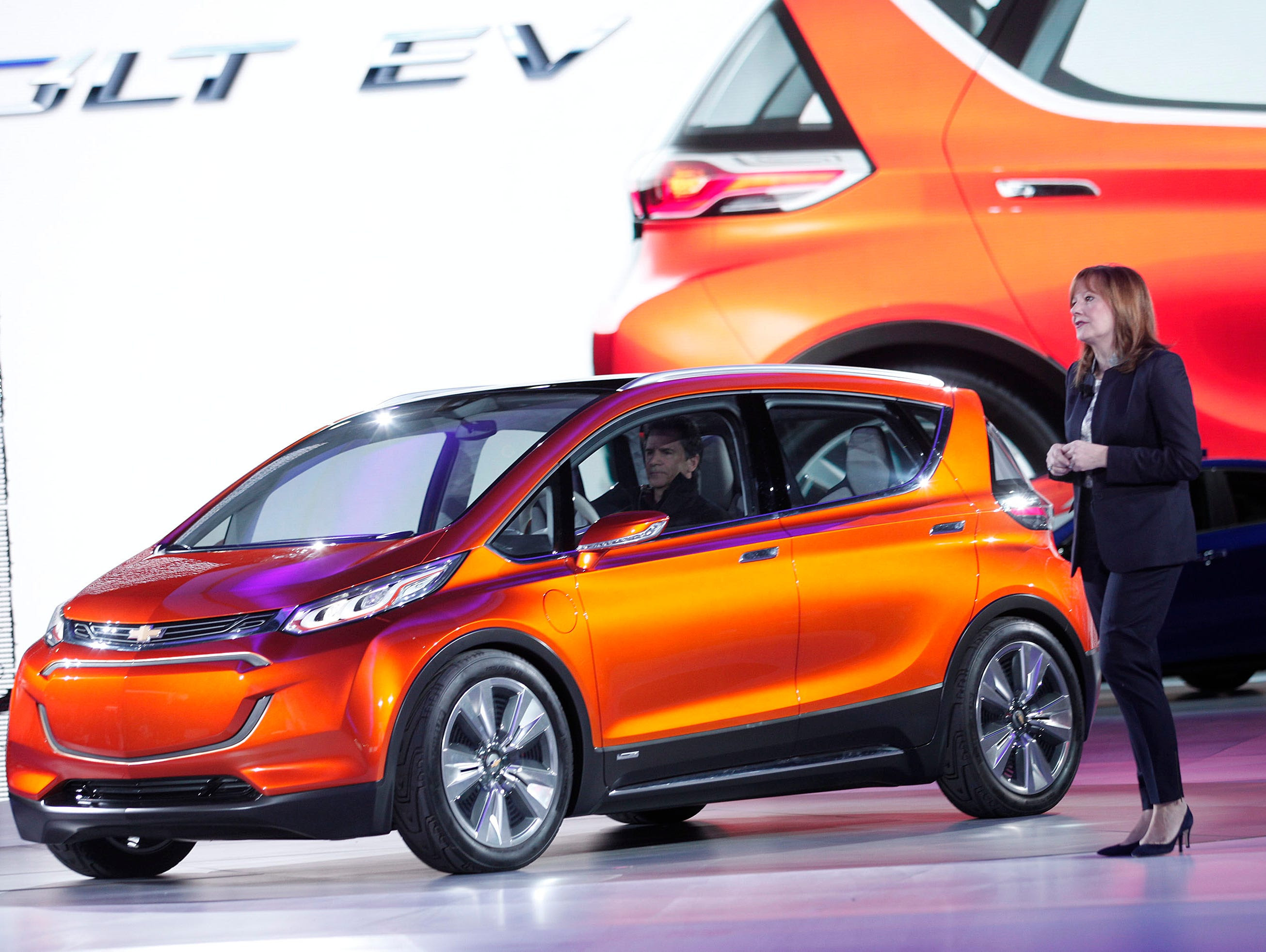 The Chevrolet Bolt concept is revealed by General Motors CEO Mary Barra  at the 2015 North American International Auto Show in Detroit.