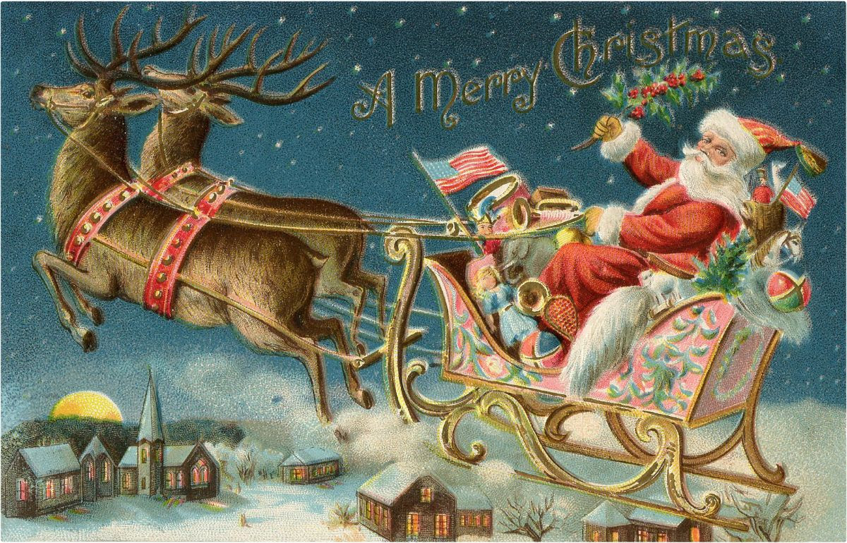 Santa and his Sleigh imagery. This art show Sant waving the American flag. Only two reindeer and an elaborate sled.