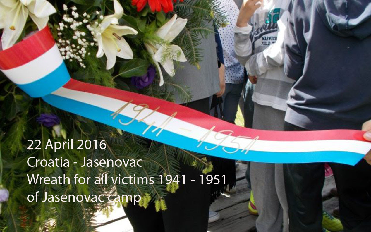 For all those that perished here at Jasenovac between 1941 and 1951 Ribbon on wreath laid 22 April 2016 Photo: Maxportal