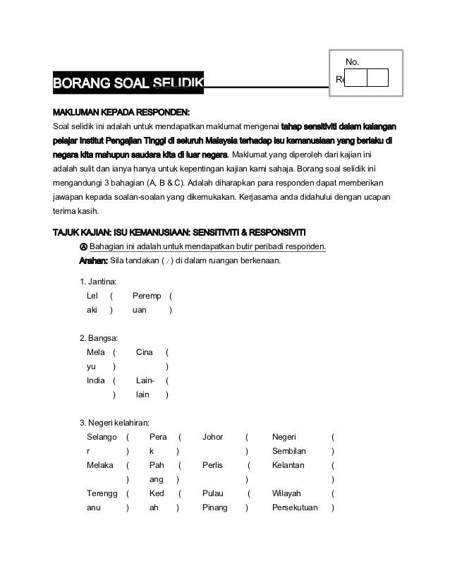 Contoh Borang Soal Selidik Untuk Murid Sekolah Rendah 