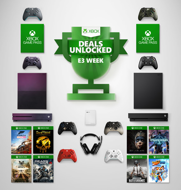 The E3 Deals Unlocked promo, featuring consoles, games, controllers and a headset.