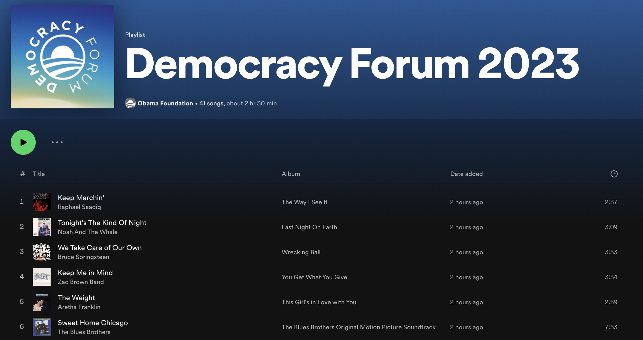 A screenshot of a Spotify playlist titled "Democracy Forum 2023" with an icon of the Democracy Forum blue and yellow gradient logo
