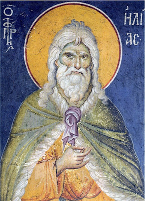 Προφήτης Ηλίας ο Θεσβίτης - Βυζαντινή τοιχογραφία στο Πρωτάτο των Καρυών στο Άγιο Όρος, φιλοτεχνημένη από τον Μανουήλ Πανσέληνος (περ. 1290)