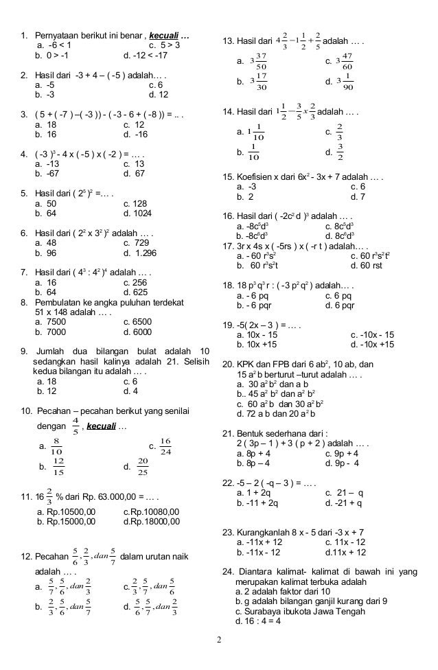 Download Soal Uts Pts Matematika Kelas 6 Sd Mi Kurikulum 2013