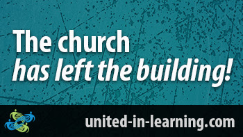 Blue graphic with white writing that reads "the church has left the building!"