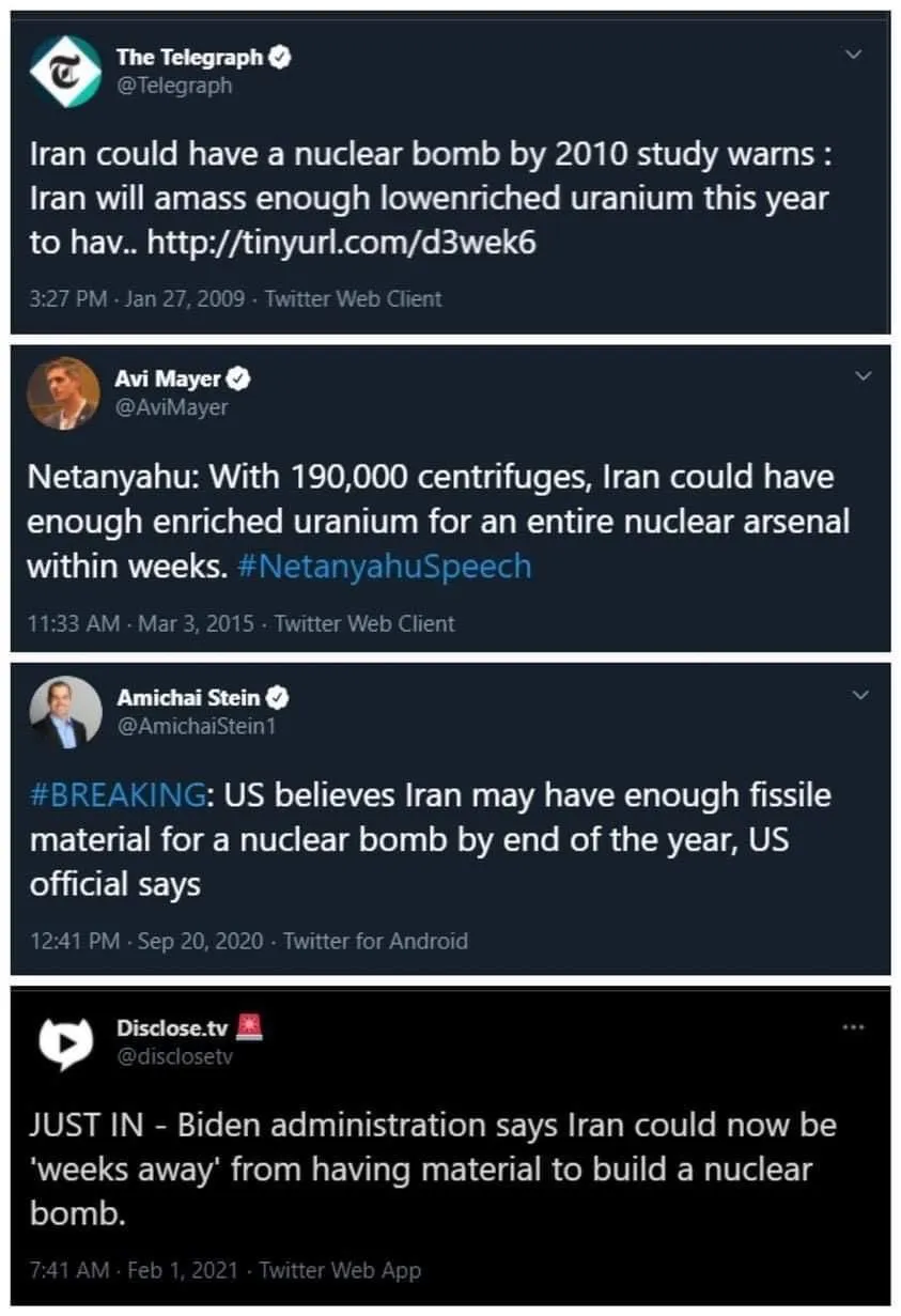 Four tweets starting in 2009 saying Iran is "two weeks away" from developing a nuclear bomb.