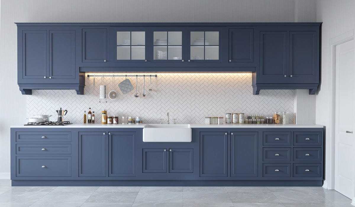 In this example, the gray wall works with grayish classic blue kitchen cabinet. 30 Gorgeous Grey And White Kitchens That Get Their Mix Right