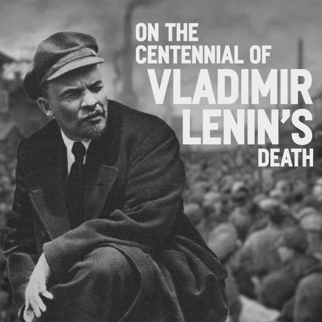 Black and white image of Lenin with text "On the Centennial of Vladimir Lenin's Death"  of