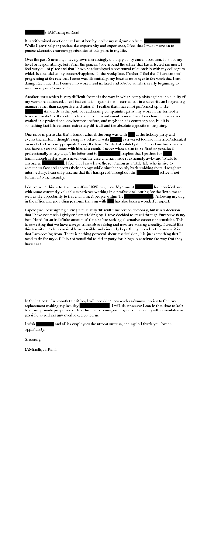 Resignation Letter Examples Reddit - Sample Resignation Letter