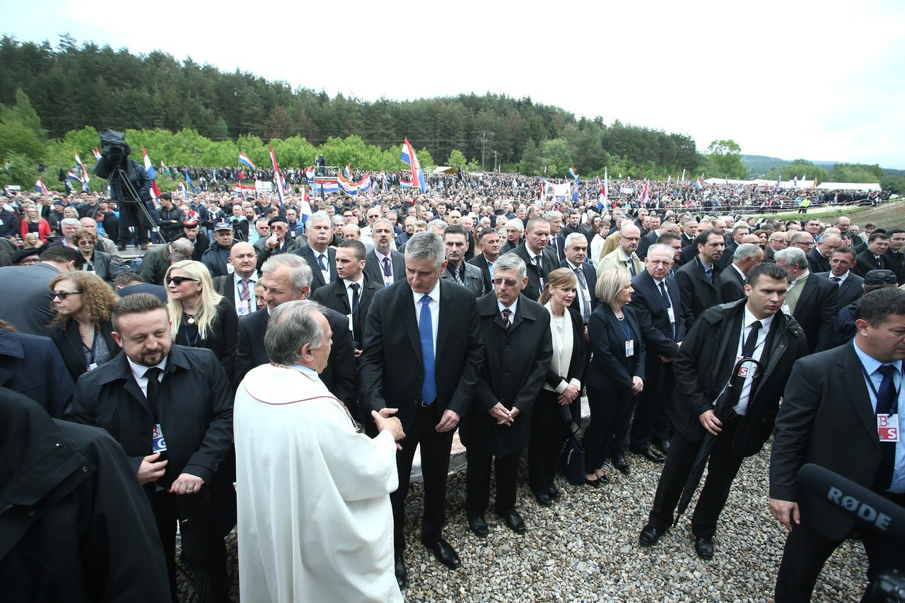 Tomislav Karamarko, First Deputy Prime Minister Shakes hand with one of the clerical officials leading the mass at Bleiburg field Saturday 14 May 2016 Photo: Sanjin Strukic/Pxsell