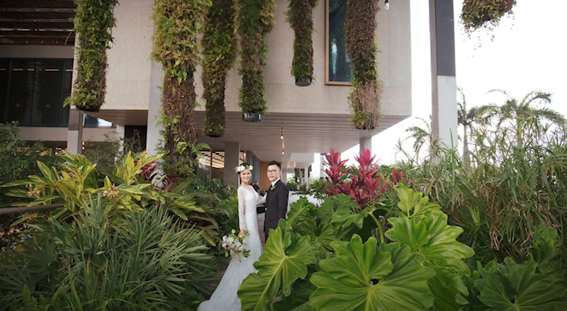 A bride and groom in lush foliage
