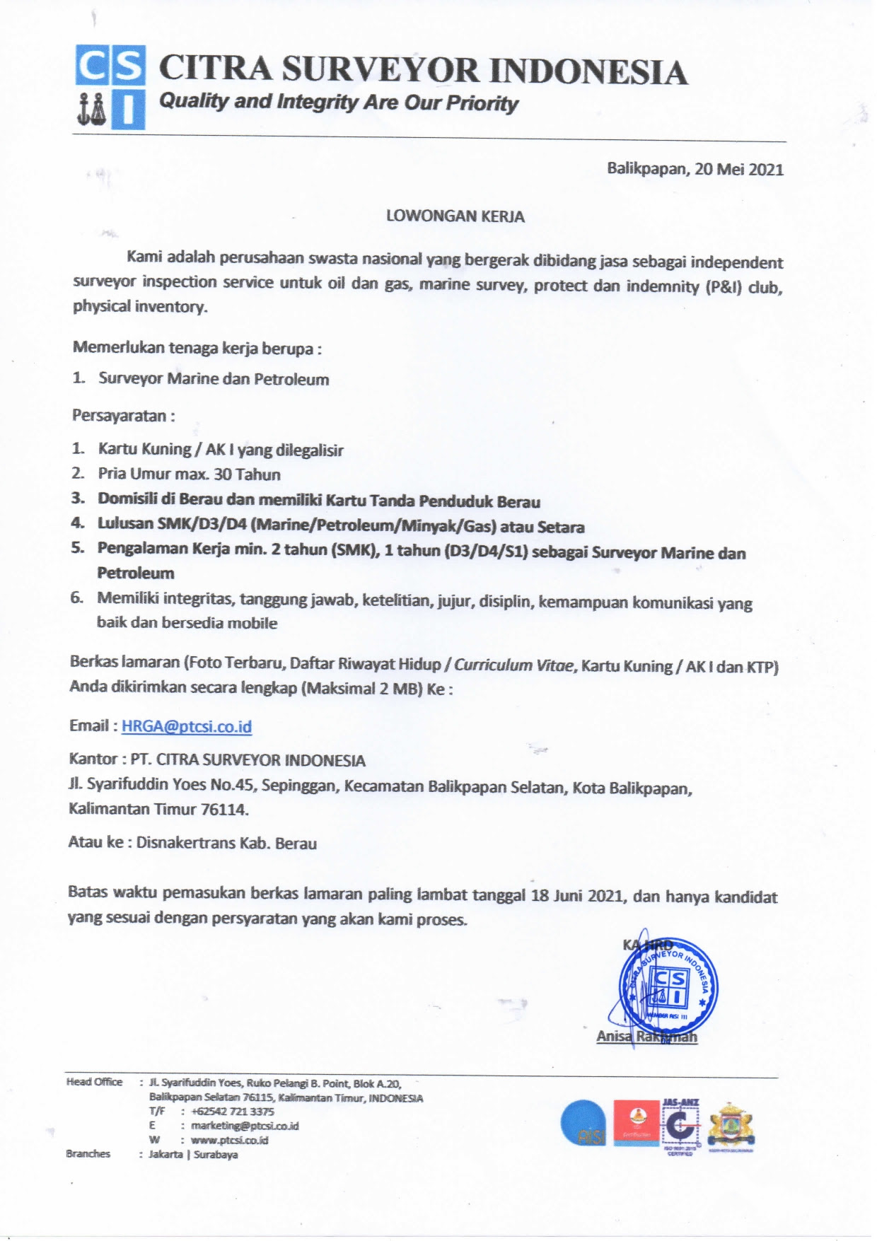 Lowongan pekerjaan di bandara toraja : Lowongan Kerja Disnakertrans Berau