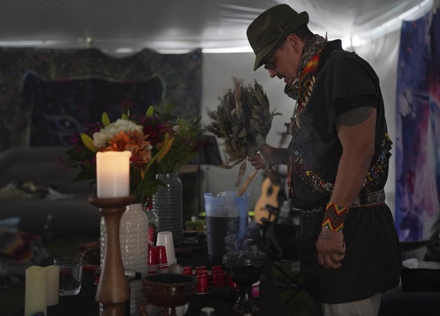 Colombian shaman Taita Pedro Davila, leads an ayahuasca ceremony with Hummingbird Church, in Hildale, Utah.