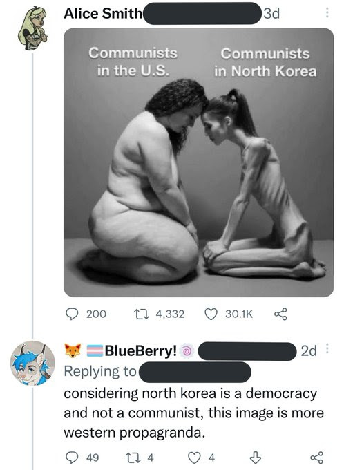 Weird anti-Communist tweet with contrasting tweet by a lunatic.