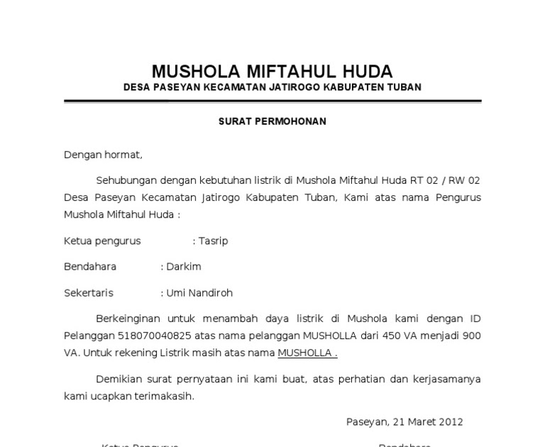 Contoh Surat Permohonan Perubahan Tarif Listrik Kumpulan Surat Penting