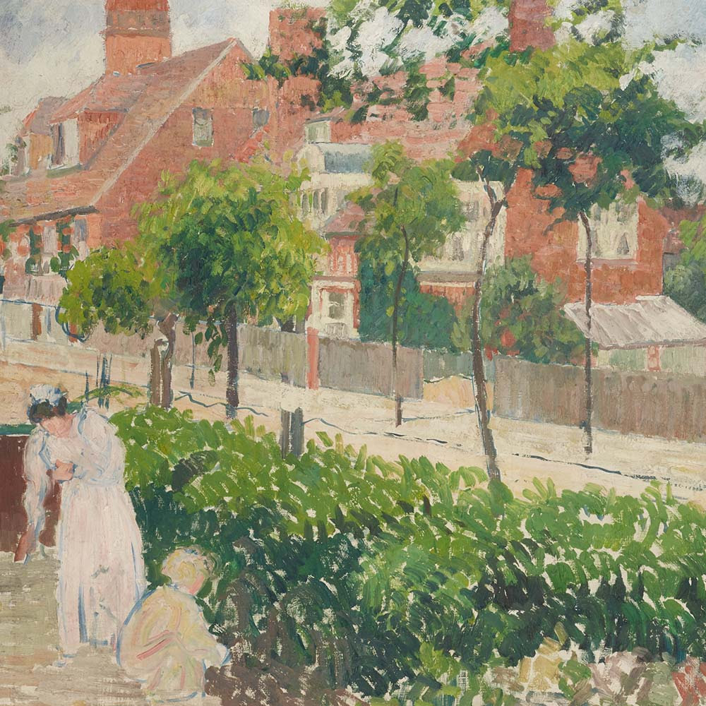 A painting of a woman and child in the garden of a house on a residential road.
