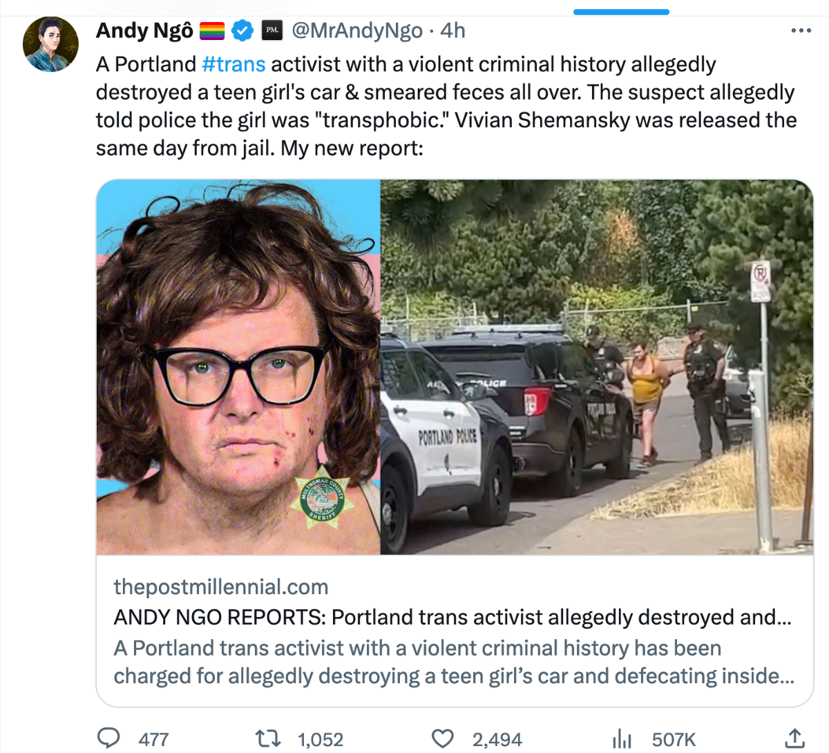 Screenshot of Andy Ngo tweet discussing freaky creep who was arrested then let out immediately.