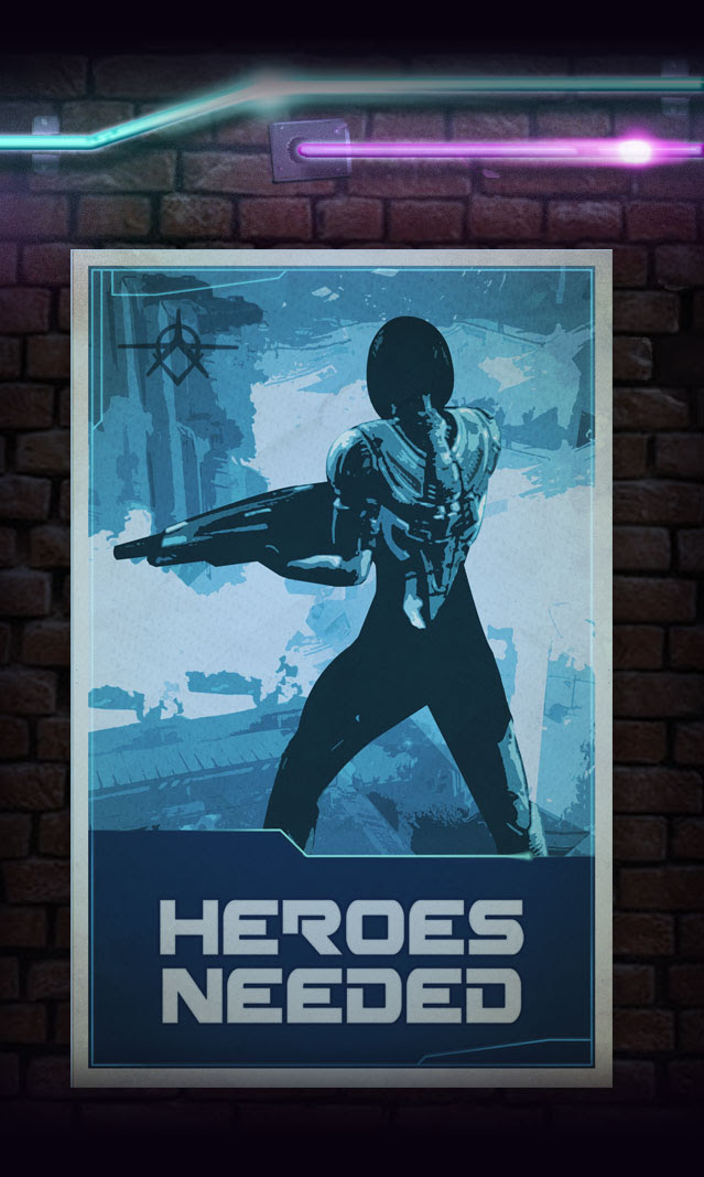 HEROES NEEDED | Illustrated shadow of a woman holding a large weapon as she surveys the city.