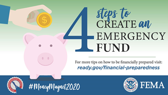 Image of a piggy bank with words stating 4 Steps to Create an Emergency Fund