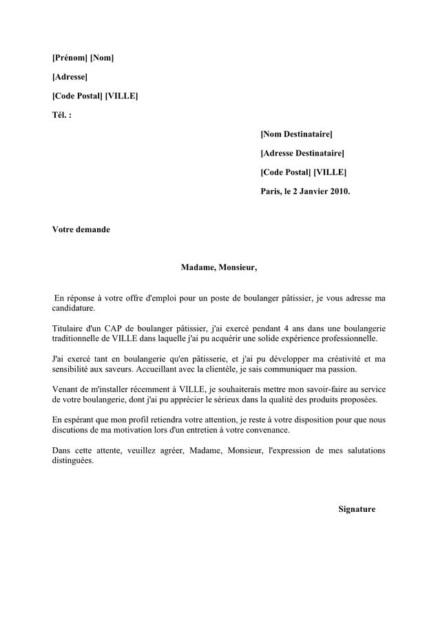 Lettre De Motivation Vendeuse En Boulangerie