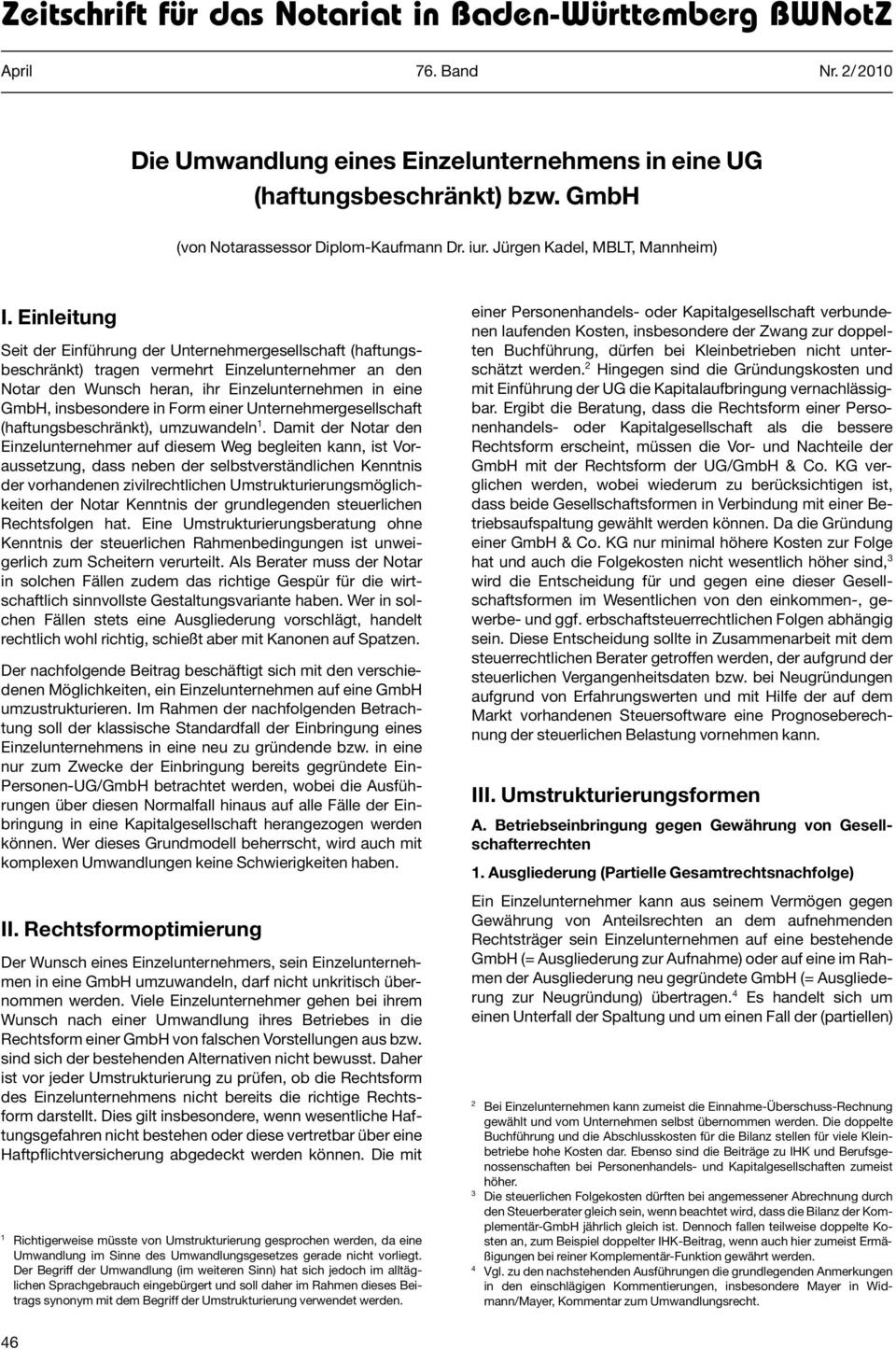 Arbeitnehmerfolgen ausgliederung einzelunternehmen auf gmbh d 1 86 ff. Bwnotz Zeitschrift Fur Das Notariat In Baden Wurttemberg 2 2010 Inhalt Pdf Free Download