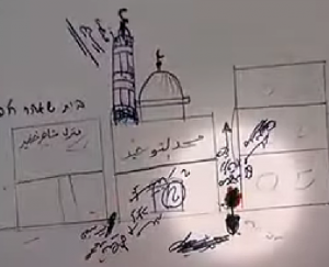 A screenshot of a Hamas diagram, filmed as part of an IDF video from 2009's Operation Cast Lead, showing how weapons are hidden by mosques. Photo: IDF / Screenshot.