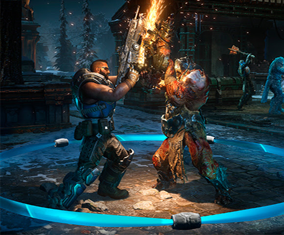 Two characters dueling in the center of a holographic sphere.