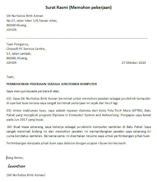 Contoh Surat Rasmi Dalam Bahasa Inggeris - Rasmi Ri