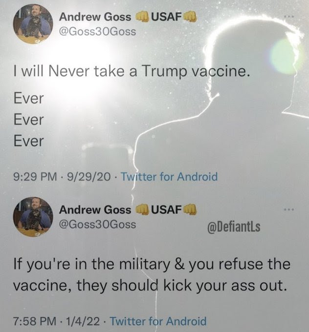 Hypocrite Andrew Goss. Says will never take Trump Vaccine. Then extgols vaccine after Trump is gone.