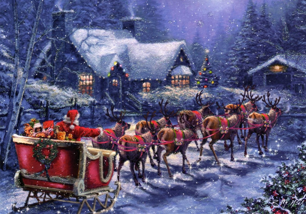 Santa and his Sleigh imagery. Antique image of Santa and the Reindeer actually going along on the ground not flying.