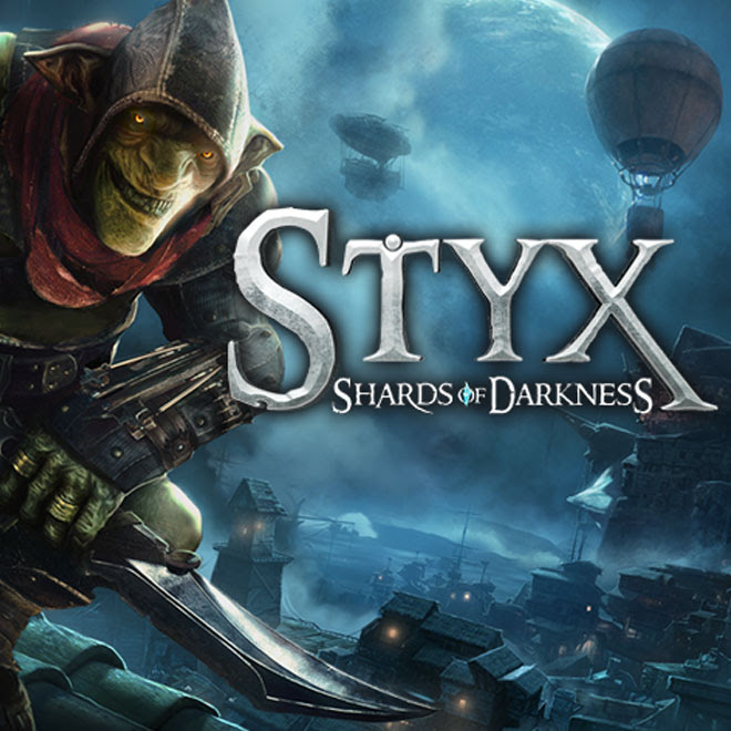The main key art of Styx: Shards of Darkness shows Styx grinning toward the camera while wielding a knife with a village at night seen in the background.