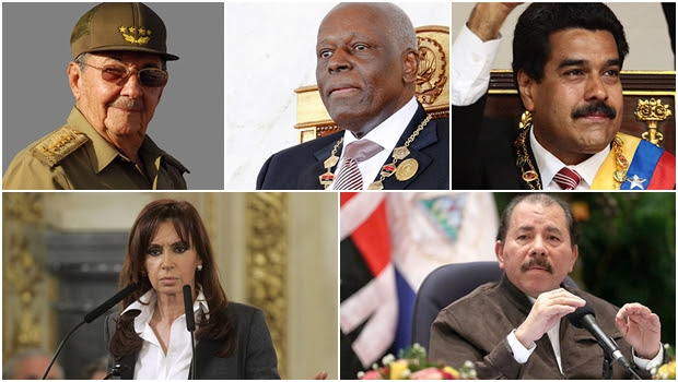 Raul Castro (Cuba), José Eduardo dos Santos (Angola), Nicolas Maduro (Venezuela), Cristina Kirchner (Argentina) e Daniel Ortega (Nicarágua): todos presidentes de esquerda e amplamente favorecidos pelos governos petistas de Dilma Rousseff e Lula da Silva/ AP/ Pedro Parente / Agência Lusa/ Alba Ciudad/ Marcos Brindicci/ Daniel Siria