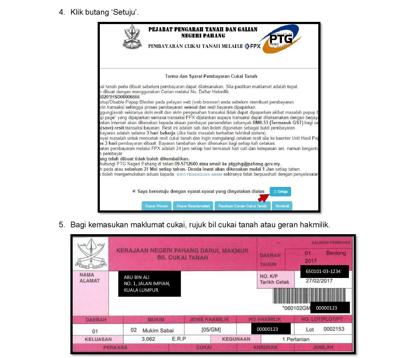 Bil cukai taksiran perlu dibayar 2 kali setahun iaitu sebelum 28 februari bagi penggal pertama dan sebelum 31 ogos bagi penggal kedua setiap tahun. Panduan Bayaran Cukai Tanah Online