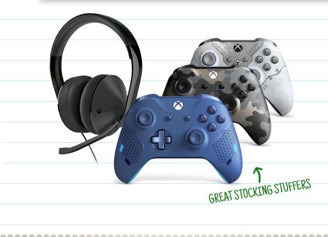 A pair of headphones are shown next to 3 Xbox controllers
