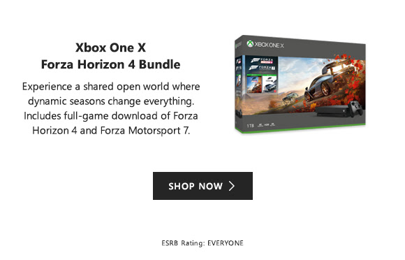 Xbox One X Forza Horizon 4 Bundle. Experience a shared open world where dynamic seasons change everything. Includes full-game download of Forza Horizon 4 and Forza Motorsport 7. Shop now. ESRB Rating: Everyone. 