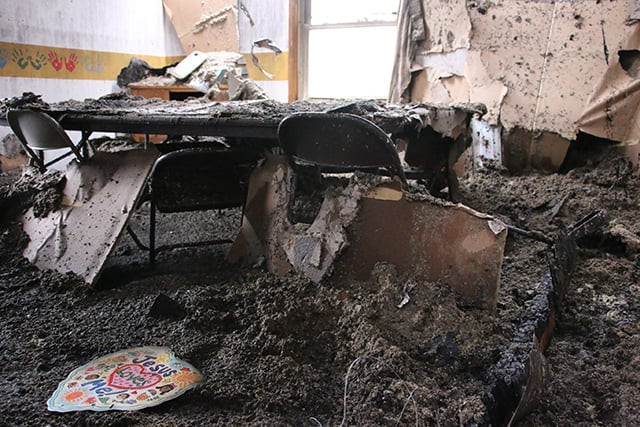View of a classroom in Keene United Methodist Church in Coshocton, Ohio, shows the extent of damage after fire devastated the church on Feb. 1. Photo by Rick Wolcott, East Ohio Conference.