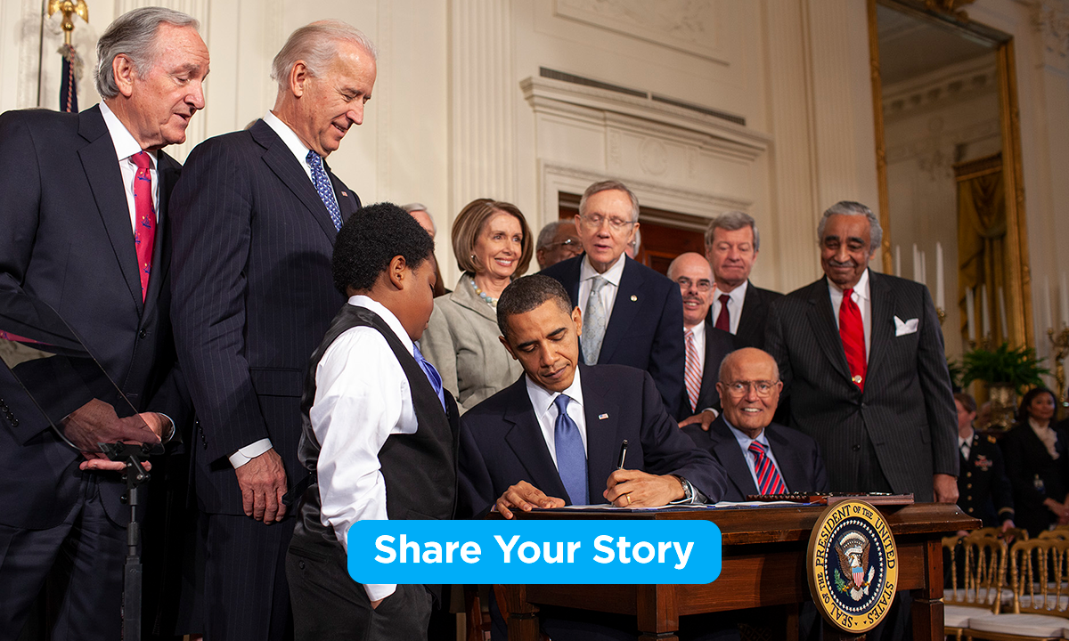 An image of President Obama signing the Affordable Care Act (ACA) into law. An aqua button appears at the bottom and reads "Share Your Story."