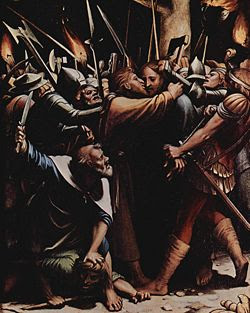 Peter (lower left) attacks the servant of the high priest as Jesus is arrested, by Hans Holbein the Younger