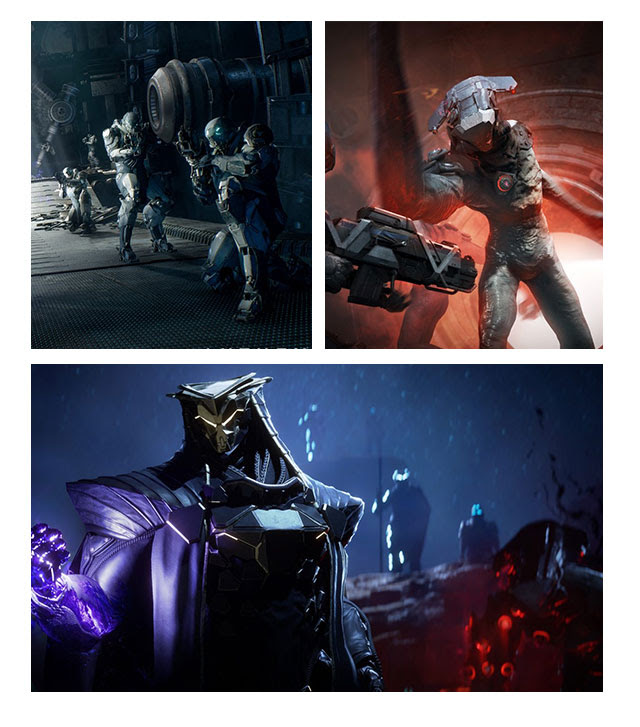 Gray suited soldiers crouching down, a tall villain wearing a metal headdress, and a purple, glowing monster with sharp shoulders.