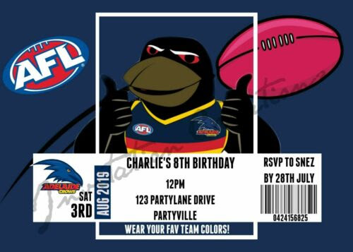 Claude, the mascot of the adelaide crows. Diy Print Custom Afl Adelaide Crows Mascot Football Birthday Party Invitations