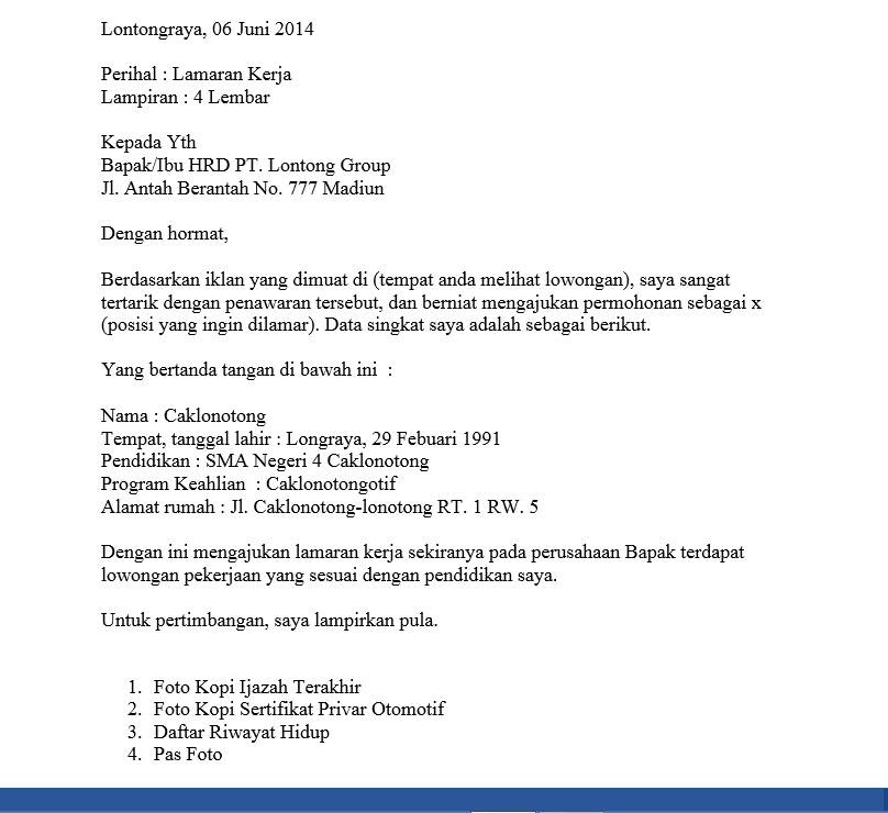 Contoh Surat Lamaran Kerja Tni