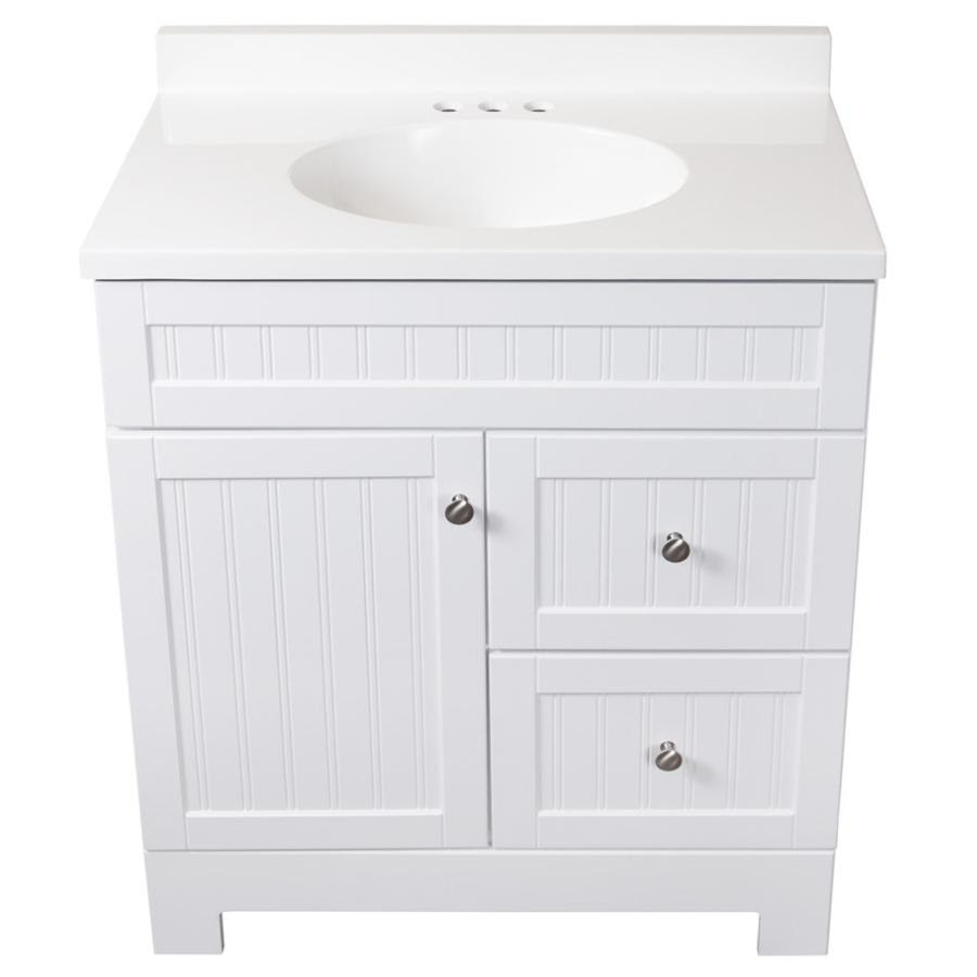 This tiny powder room was freshened up with luxe marble tiles and pretty wallpaper. Edgewater Vanity With Cultured Marble Top Home Hardware
