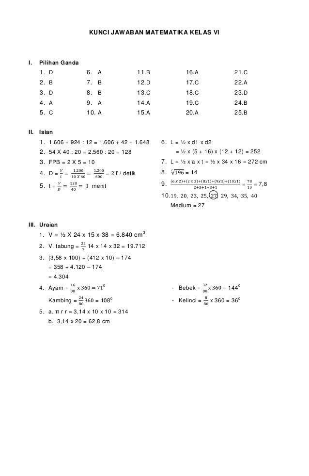 26 Info Contoh Soal Matematika Kelas 6 Dan Kunci Jawabannya Pdf