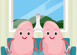 Graphic of lungs sitting on a couch smiling while holding an inhaler.