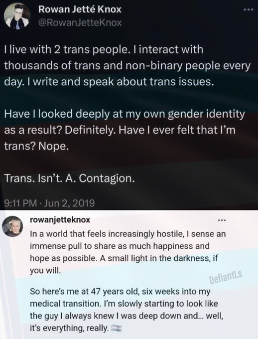 Hypocrite Rowan Knox first says they are not trans then says they are proud to be trans.