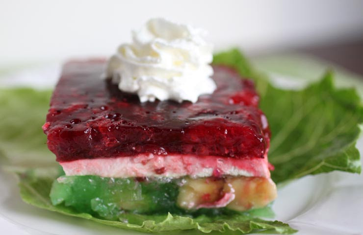 Jello salad is a salad made with flavored gelatin, fruit, and sometimes grated carrots or (more rarely) other vegetables. Christmas Ribbon Gelatin Salad