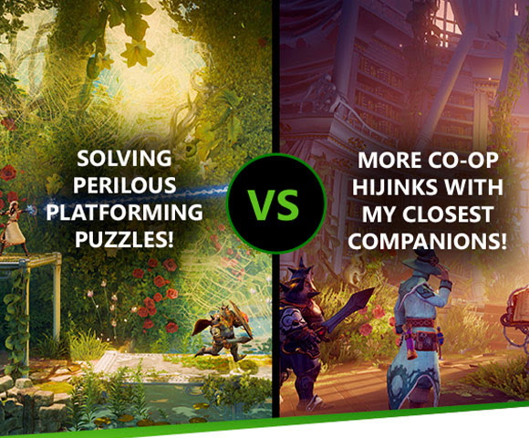 Two vertical screenshots from Trine 4 sit by side with the words “SOLVING PERILOUS PLATFORMING PUZZLES!” on the left, “VS” in the center, and 