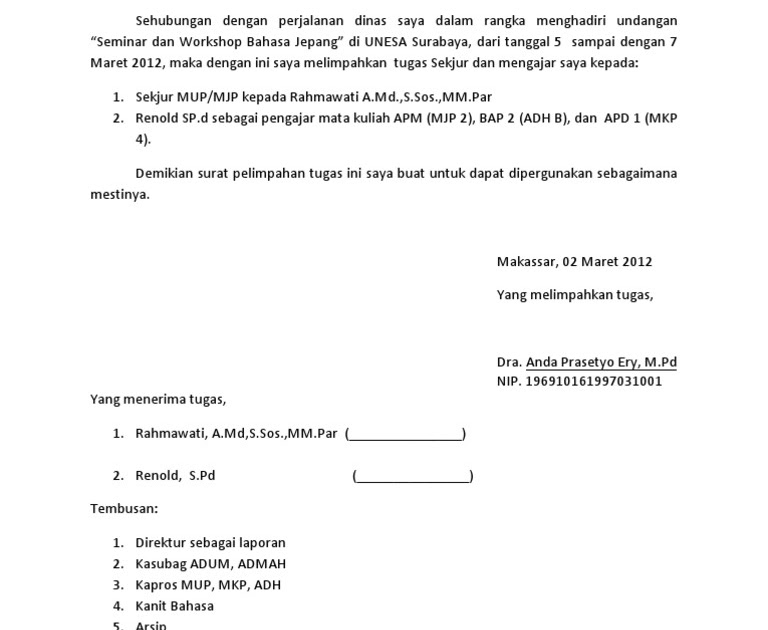 Contoh Surat Pelimpahan Tugas Karena Cuti - Surat F