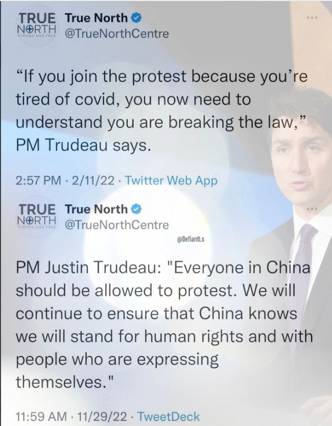 Hyprocrite: Justin Trudeau. In one tweet he complains about Canadian protests. In a later tweet hie praises Chinese protests over the same thing, lockdowns.