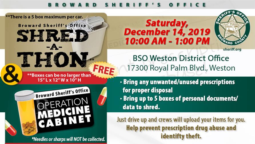 A graphic that says BSO Shred-a-thon and Operation Medicine Cabinet with the date, time, and what you can bring.
